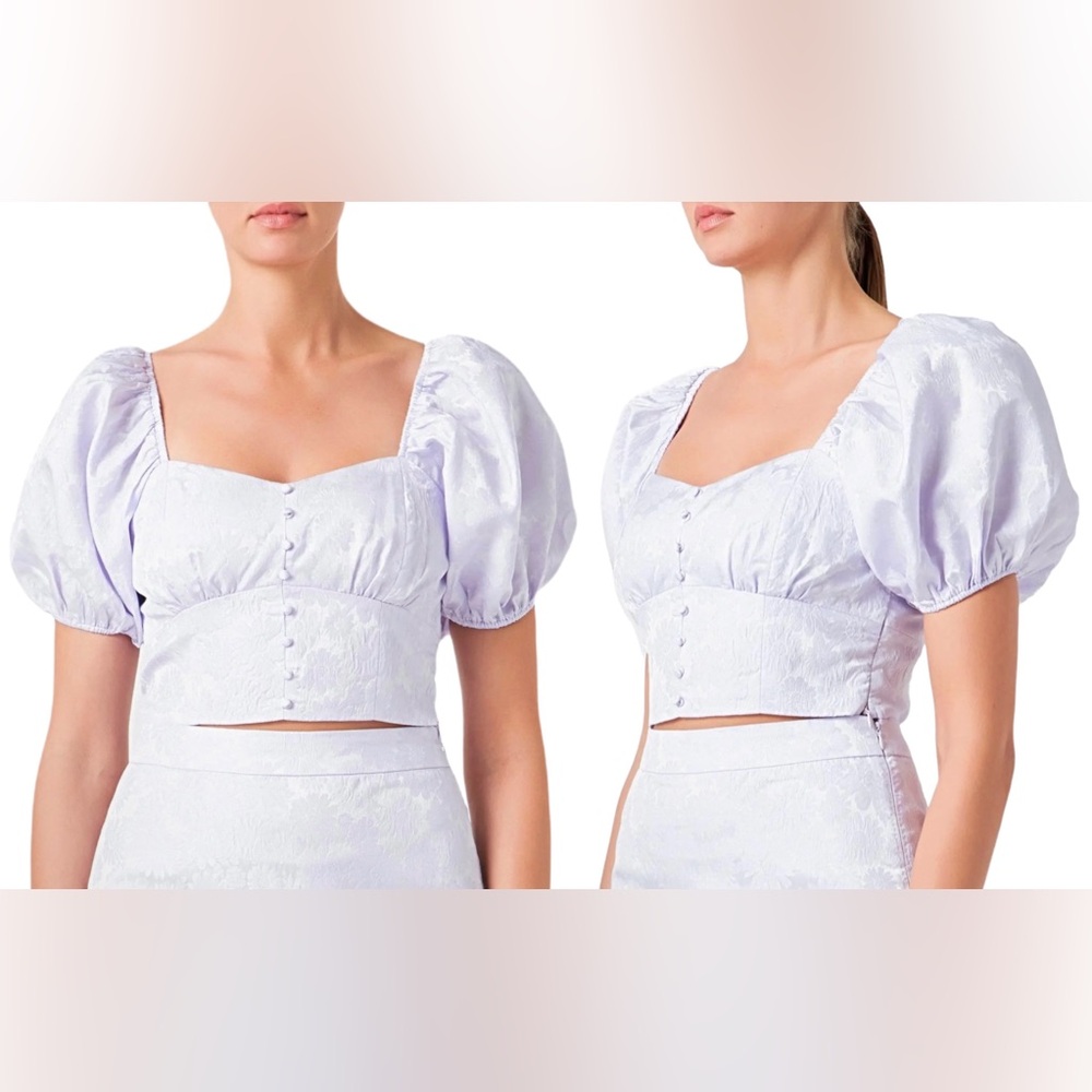 Endless Rose NWT Puffed Sleeves Floral Jacquard Crop Top